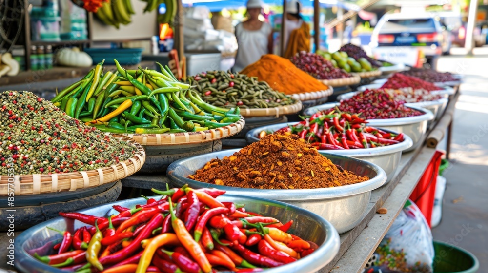 Fototapeta premium Vibrant Thai Spice Market in Morning Light .