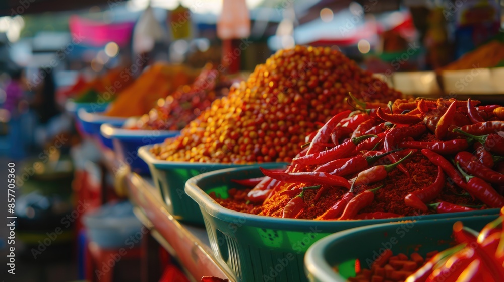 Fototapeta premium Vibrant Thai Market Morning: Neat Rows of Spice Stalls in Soft Light
