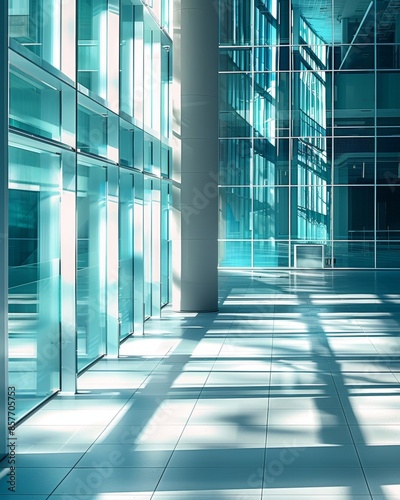 An artistic representation of light and shadow play in a modern office space  creating a tranquil and serene atmosphere