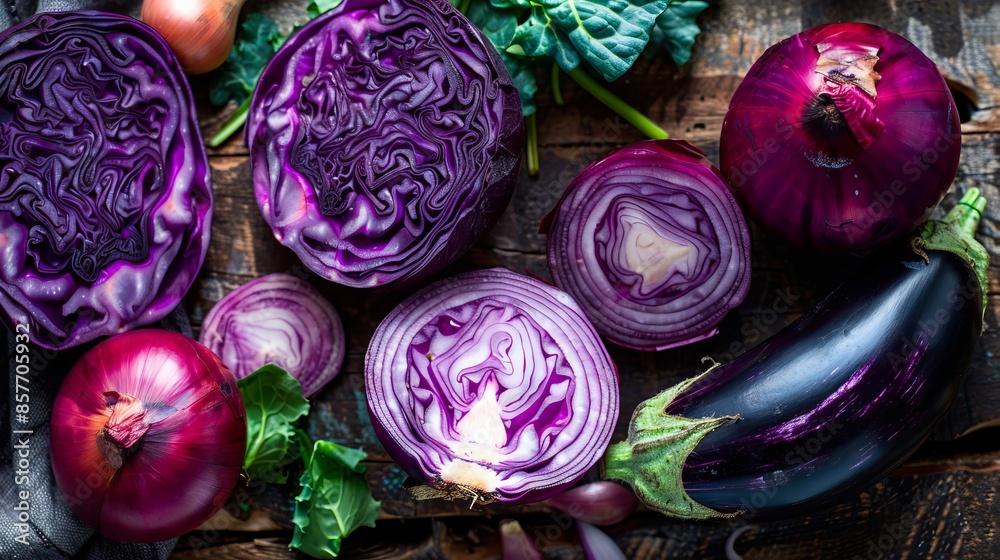 Obraz premium Purple cabbage and eggplant on a wooden table.