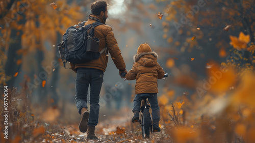 Father teaching his son to ride a bicycle.generative ai © Pawina