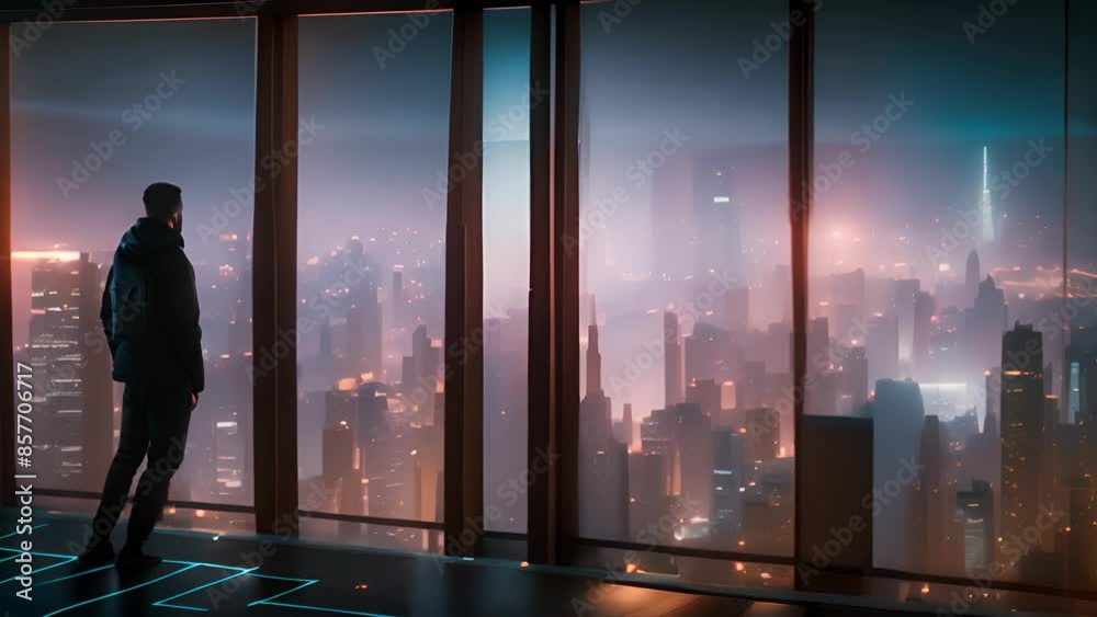 Man Looking Out Window at Nighttime Cityscape Generative AI Man Looking Out Window at Nighttime Cityscape Generative AI