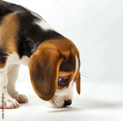 A beagle puppy is sniffing something on the ground.