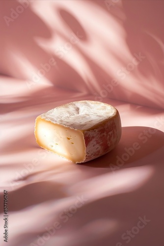 A piece of cheese on a pink surface. photo