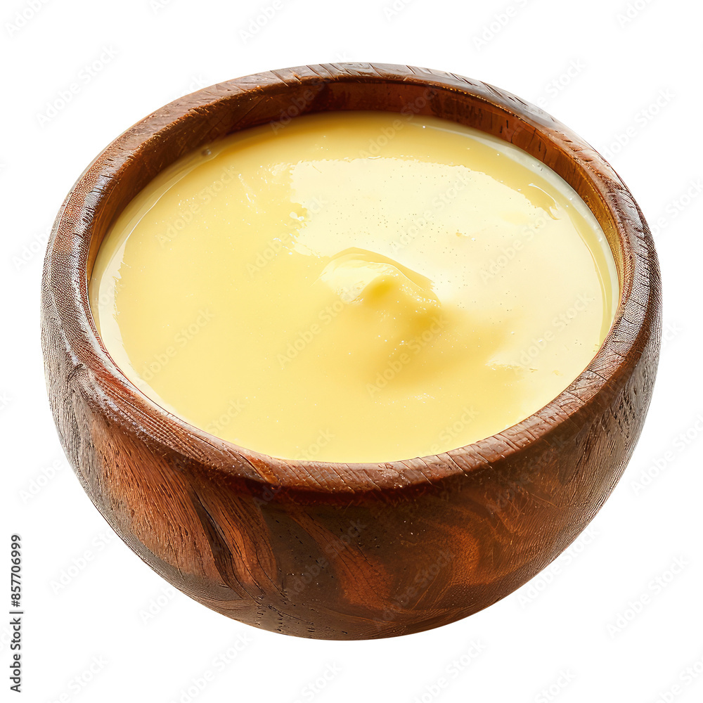 Wooden bowl of homemade vanilla custard isolated on transparent white background, clipping path Wooden bowl of homemade vanilla custard isolated on transparent white background, clipping path