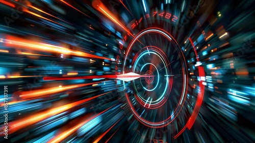 Futuristic target with a dart in motion, surrounded by radiant light streaks in high definition.