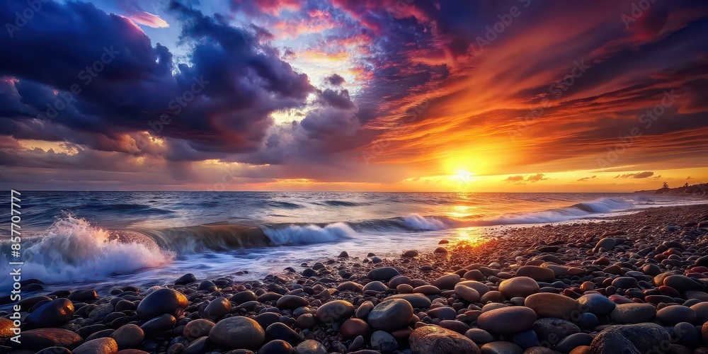 Obraz premium Sunset over colorful pebbled beach with dramatic sky and waves, sunset, pebbled beach, colorful, dramatic sky, waves, nature, tranquil, serene, water, ocean, scenic, beautiful, natural