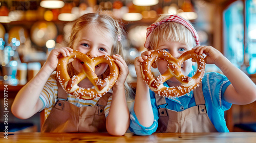 Two children have fun and goof around with large Bavarian pretzels during Oktoberfest celebrations in Germany. Hyper-realistic photo, high quality.