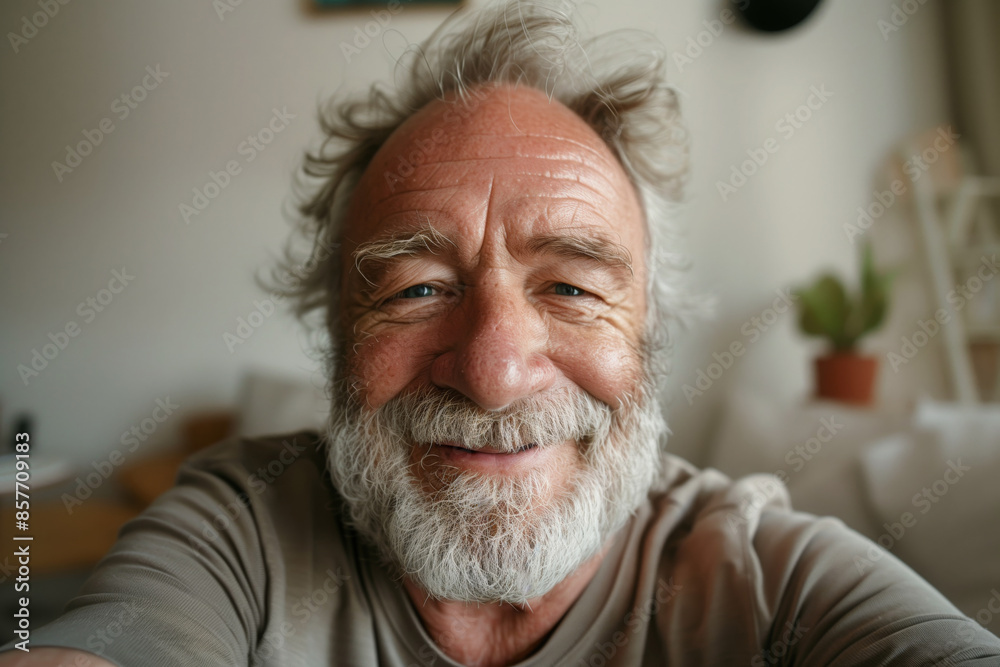 Close phone selfie made by a smiling elderly white man with a beard at home without filters Close phone selfie made by a smiling elderly white man with a beard at home without filters