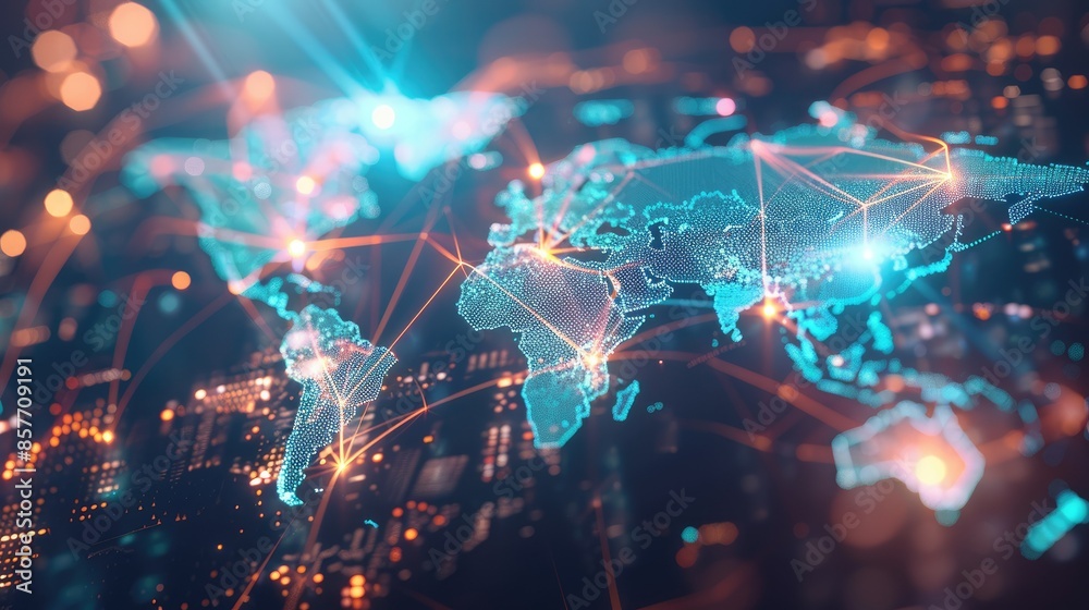 Obraz premium Abstract world map with network nodes and connecting lines, symbolizing global communication and connectivity.