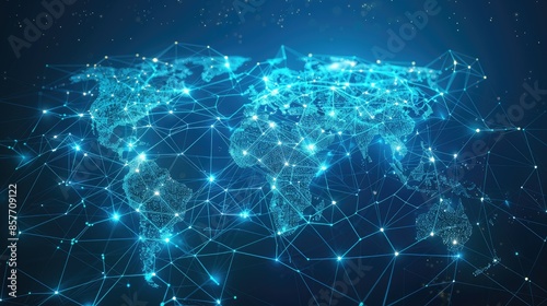 Abstract world map with digital network connections, symbolizing global communication and data flow.
