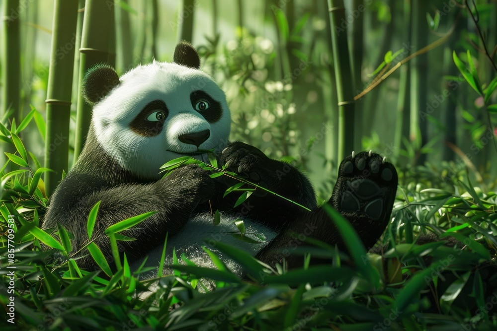 Obraz premium Cute giant panda sitting and eating bamboo in a lush bamboo forest, soft fur. The concept of the national symbol of China, representing sincerity, friendliness, tolerance and kindness. 
