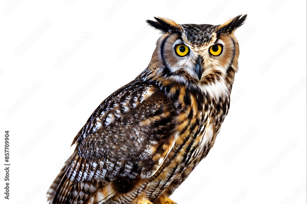 Naklejka premium owl, isolated, white background, bird, nocturnal, wildlife, raptor, bird of prey, feathered, high resolution, cutout, predatory, majestic, closeup