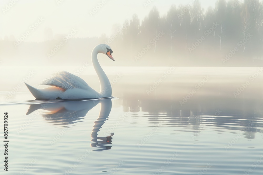 Fototapeta premium An elegant swan gliding gracefully on a calm lake, reflections in the water, serene atmosphere.