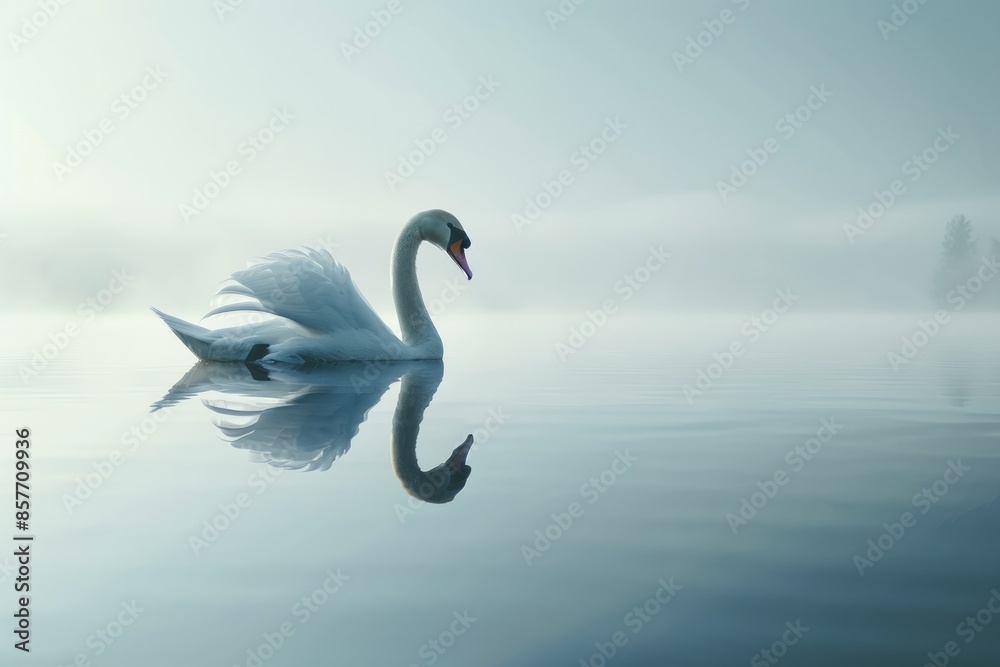 Fototapeta premium An elegant swan gliding gracefully on a calm lake, reflections in the water, serene atmosphere.