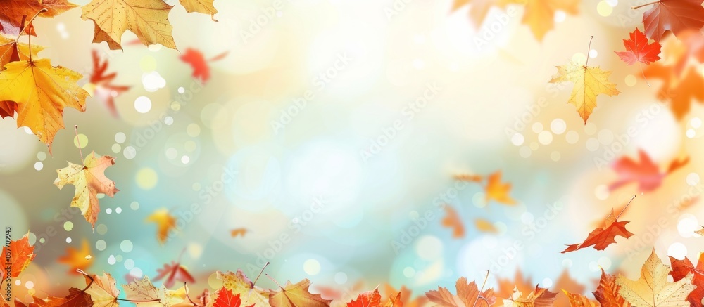 Banner of a beautiful autumn landscape decorated with maple leaves on a blurred bright background with copy space
Banner of a beautiful autumn landscape decorated with maple leaves on a blurred bright background with copy space
