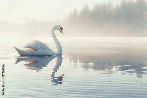 An elegant swan gliding gracefully on a calm lake, reflections in the water, serene atmosphere." 