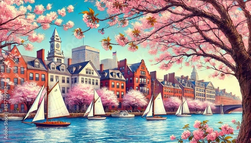 A spring day in Boston, featuring cherry blossoms along charles river and historic brownstone buildings