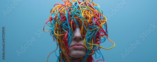 Person's head filled with tangled wires, representing confusion and chaotic thoughts, Chaotic Mind, Confused State photo