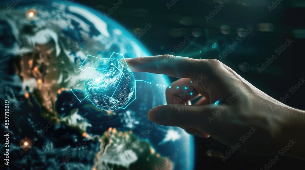 Human hand pointing to Earth with a clear Net Zero icon, illustrating global environmental responsibility. Human hand pointing to Earth with a clear Net Zero icon, illustrating global environmental responsibility.