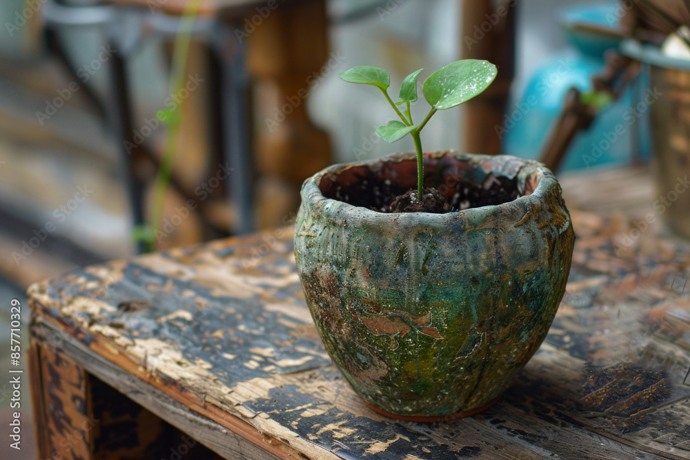 A single seed sprouting in a pot made from recycled materials A single seed sprouting in a pot made from recycled materials