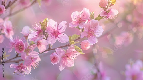 Macro shot of peach tree branches laden with pink flowers, capturing the essence of spring renewal. © chanidapa