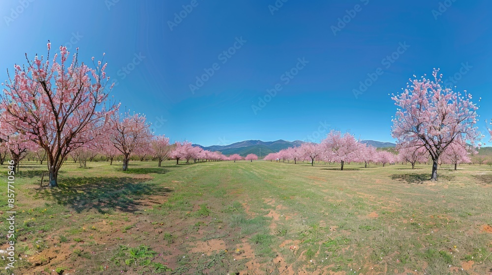 Panoramic view of a peach orchard with pink blossoms under clear blue skies, symbolizing the arrival of spring. Panoramic view of a peach orchard with pink blossoms under clear blue skies, symbolizing the arrival of spring.