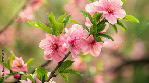 Peach blossoms against a backdrop of green leaves, illustrating the arrival of spring in nature. © chanidapa