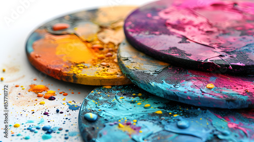 Colorful paint splatters on a white surface, creating a vibrant and artistic display.