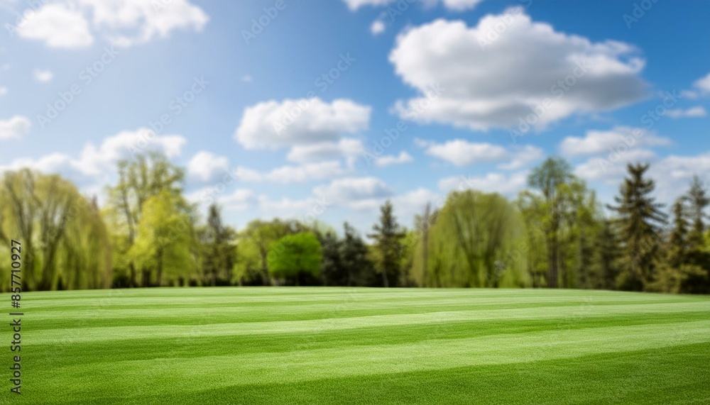 Naklejka premium Beautiful blurred background image of spring nature with a neatly trimmed lawn surrounded 