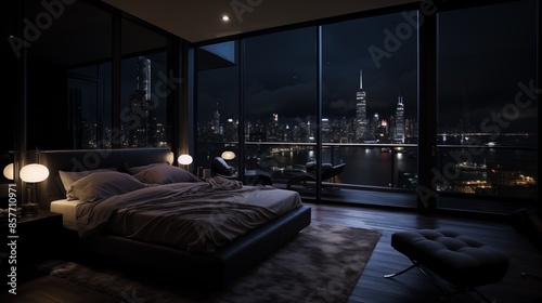 a dark, dreary nighttime penthouse bedroom a space where the bed overlooks the metropolis © Naqash