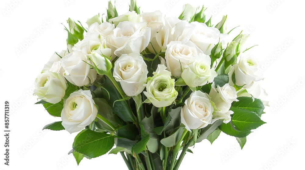 Delicate Bouquet of White Roses and Eustoma Flowers, Elegant Floral Arrangement Isolated on White Background Delicate Bouquet of White Roses and Eustoma Flowers, Elegant Floral Arrangement Isolated on White Background