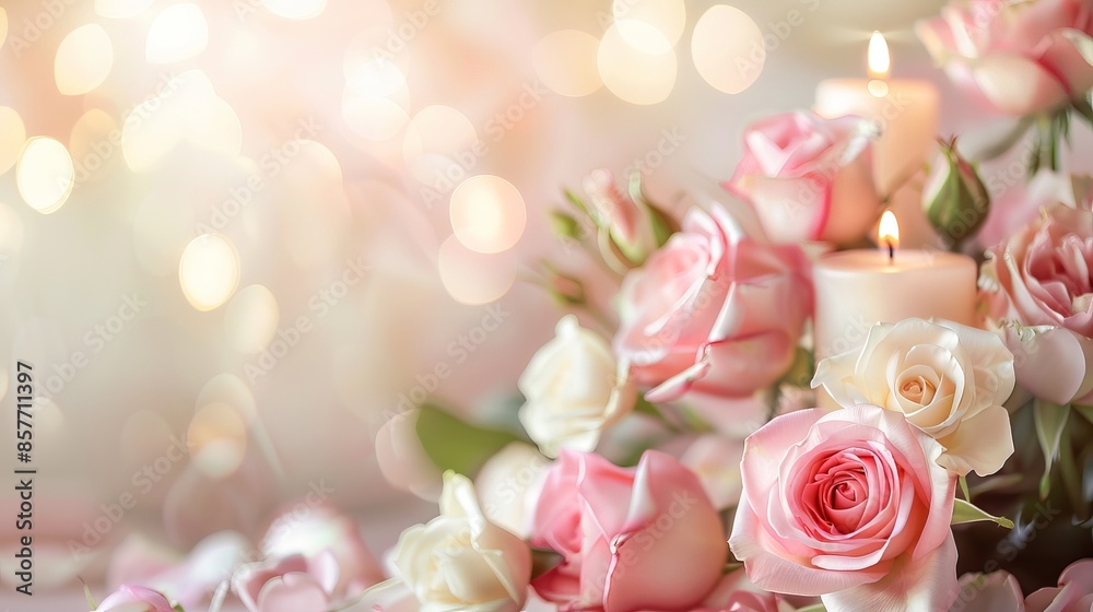 Bouquet of Pink and White Roses with Candles on Abstract Pastel Wedding Background Bouquet of Pink and White Roses with Candles on Abstract Pastel Wedding Background