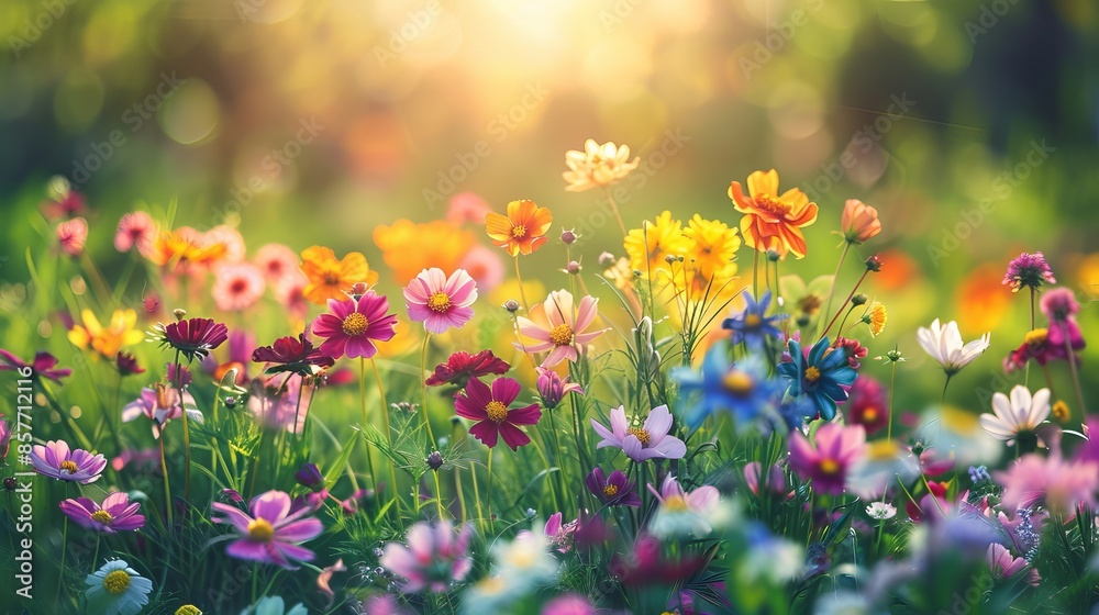 Fototapeta premium Colorful Zinnia Flowers in Sunny Garden, Spring/Summer Nature Outdoors