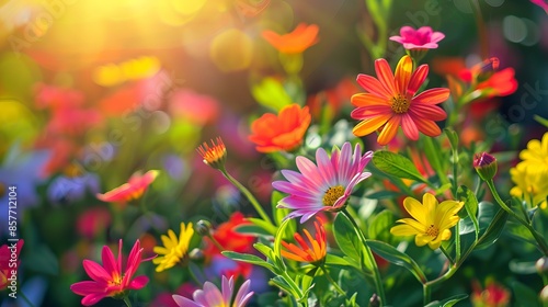 Colorful Zinnia Flowers in Sunny Garden, Spring/Summer Nature Outdoors