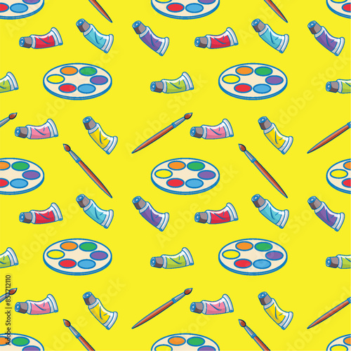 Seamless pattern with paint tubes and palettes