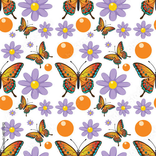 Colorful butterflies and flowers with orange circles