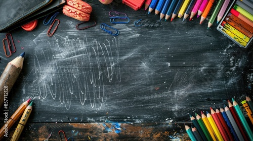 Chalkboard with Colorful Pencils, Crayons, and Paper Clips on Wooden Desk photo