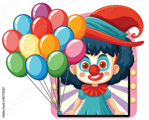 A cheerful clown holding colorful balloons