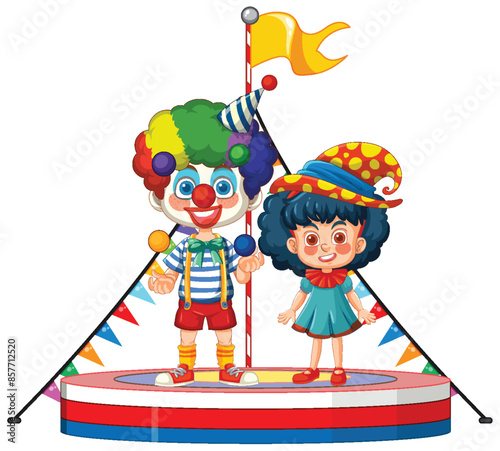 Two cheerful clowns on a circus stage