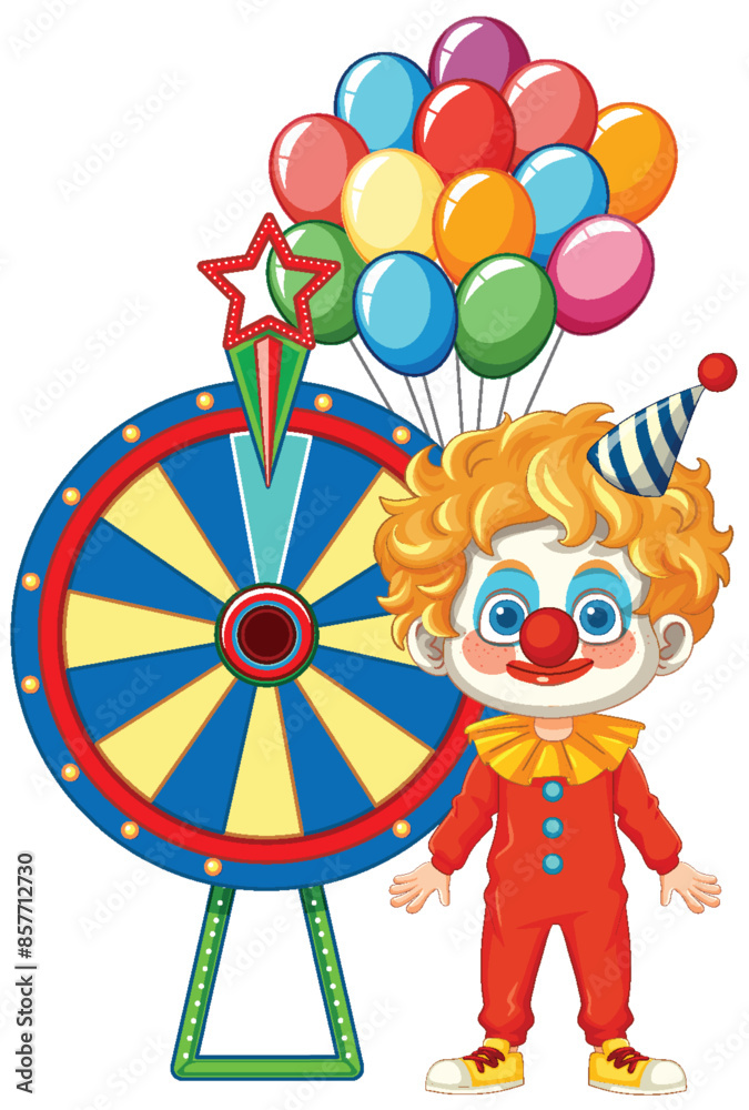 Naklejka premium Cheerful clown holding balloons beside a colorful wheel