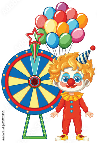 Cheerful clown holding balloons beside a colorful wheel