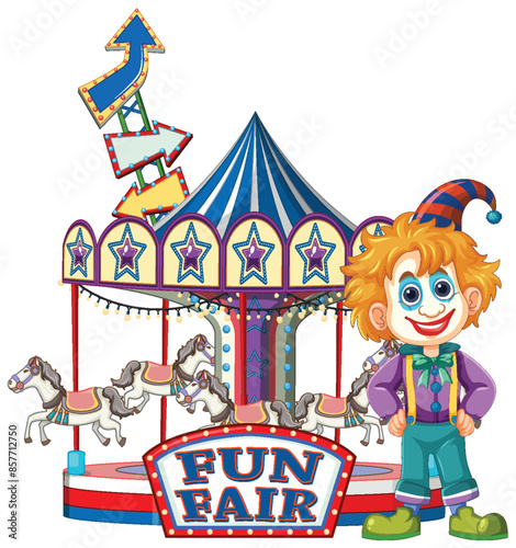 Colorful clown standing by a carousel ride