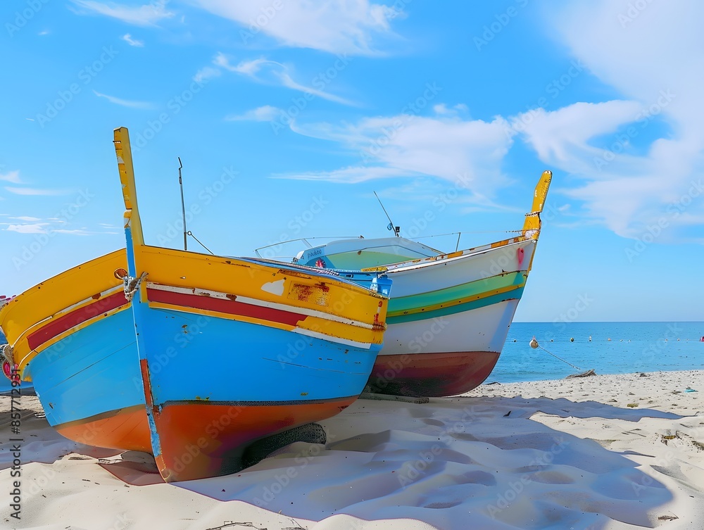 Two fishing boats are sitting on the beach, one of which is blue and the other is red Two fishing boats are sitting on the beach, one of which is blue and the other is red