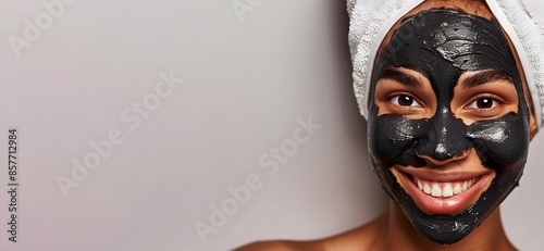 A woman with a black face mask on her face