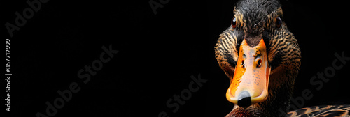 a close - up of a duck's head on a black background, with a black background behind it. photo