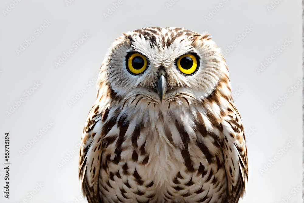 Naklejka premium owl, isolated, white background, bird, nocturnal, wildlife, raptor, bird of prey, feathered, high resolution, cutout, predatory, majestic, closeup 