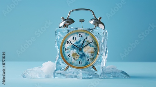 Against a minimalist backdrop, an alarm clock frozen in an ice cube containing the Earth shape, illustrating the concept of time stopped by climate change. This visually compelling image invites