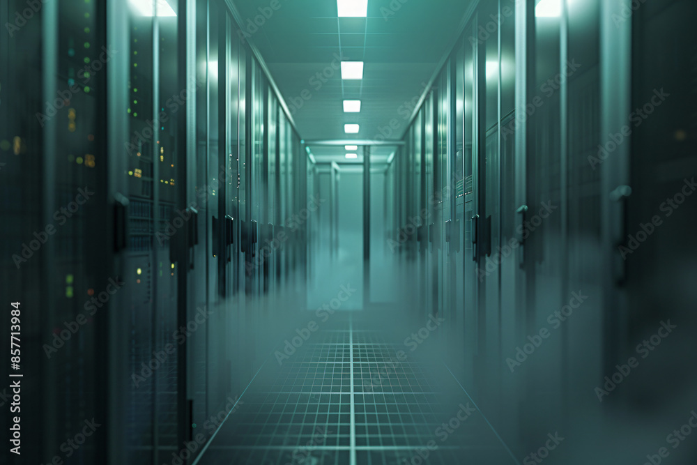 Foggy server room with a blurred data center in the background. A long corridor leads to rows of storage equipment and computers. Foggy server room with a blurred data center in the background. A long corridor leads to rows of storage equipment and computers.