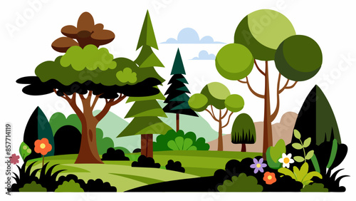 cartoon loony tunes style forest landscape, several kinds of beautiful trees, vector